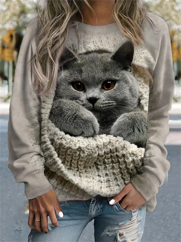 2024 New Cute Cat Three-dimensional Printing Sweater Women's Round Neck Long-sleeved Fall Casual Pullover Tops Casual Home Shirt