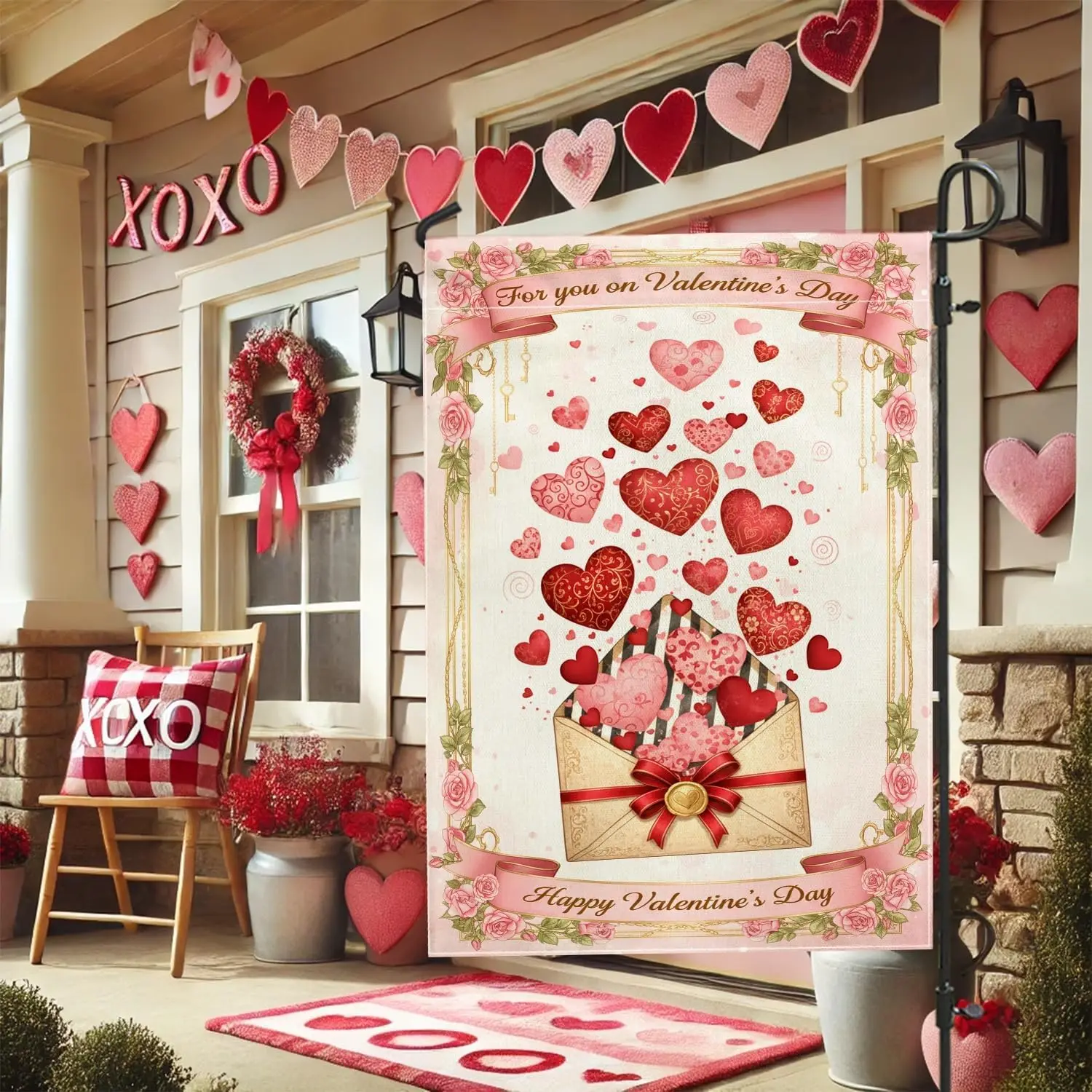 Hearts Garden Flag, Romantic Vintage Envelope Roses Valentine'S Day Red Double Sided Burlap Small Garden Yard Flag for O FFL IIC