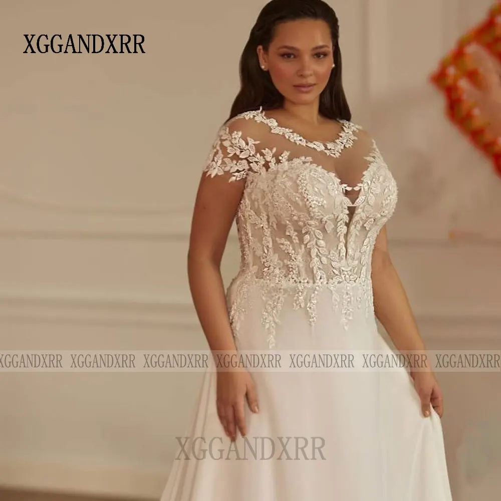 Vestidos de novia de encaje con apliques de línea A de lujo, vestidos de novia de manga corta con cuello redondo, vestido Formal de fiesta de boda de cola larga 2026