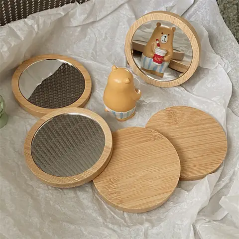 1Pc Pure Wood Cosmetic Mirror Portable Mirror Round Cosmetic Mirror Pocket Compact Mirror for Travel Accessories Beauty Tool