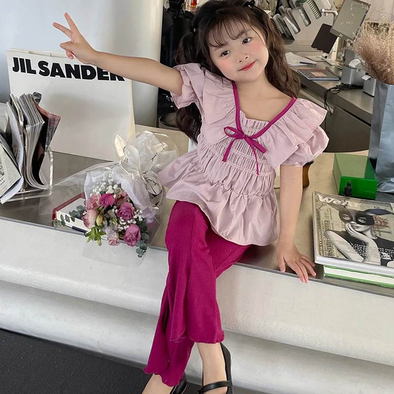 2023 Summer New Girls\' Clothing Sets Korean Bowknot Ruffles Short Sleeve Top+Fashion Bell-bottoms Girls Fashion Kids Outfit