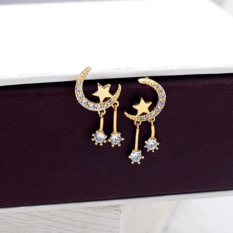 s925Silver sparkling diamond star and moon tassel earrings simple and elegant design niche Korean Dongdaemun new style women's e