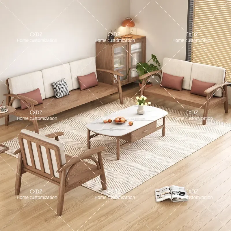 Nordic Solid Wood Sofa Living Room Modern Minimalist 3 Seater White Wax Combination High End Household Winter Summer Dual
