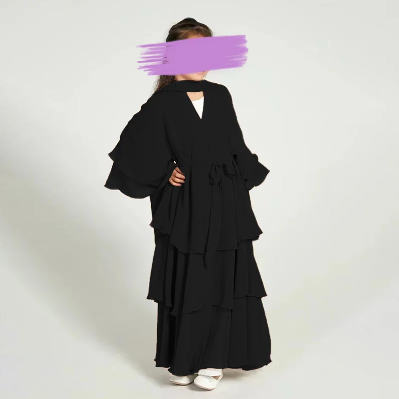 Children Front Open Abaya Chiffon 3 Layers Kids Abaya With Belt Islamic Little Girls Ramadan Clothing Muslim Solid Color Dresses