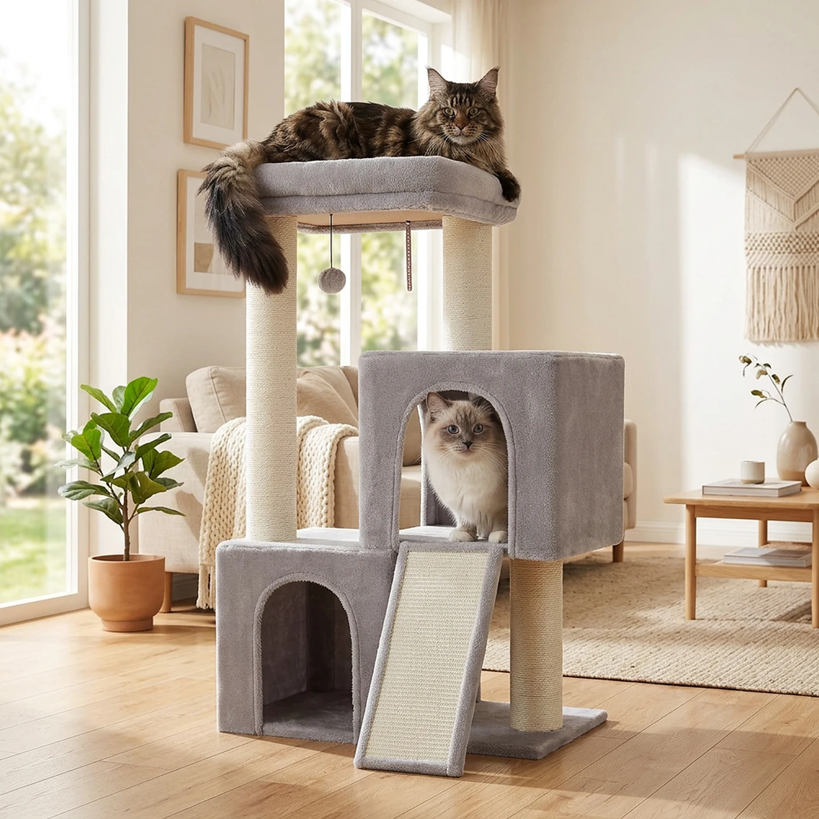Large Cat Tree with Thick Scratching Posts and Sisal Scratching Ramp Spacious Cat Condo Heavy Duty Cat Tower for Indoor Cat Toys