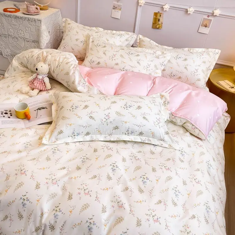 Ins Style Floral Duvet Cover Set Flat Sheet Pillowcases No Filling Twin Single Queen Size Boys Girls Bedding Linen