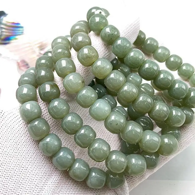 

Grade A Hetian Jade Bracelet Men Women Fine Jewelry Genuine Natural Nephrite Jades Barrel Beads Elastic Beaded Bracelets Bangles