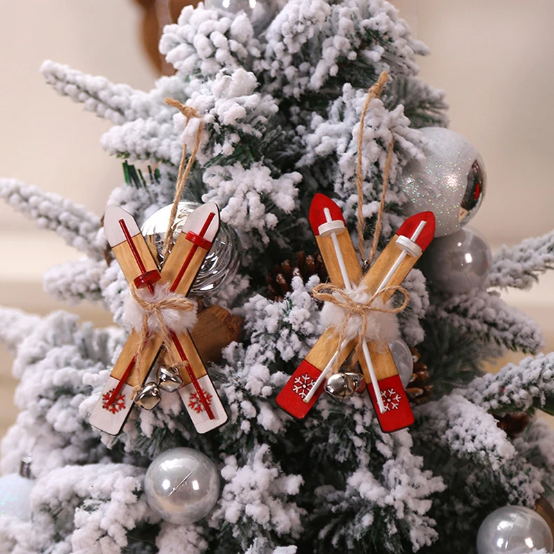 Christmas Hanging Pendants Sleigh Xmas Tree Home Decor Ornament Dollhouse Miniature Wooden Ski Board Craft Supplies