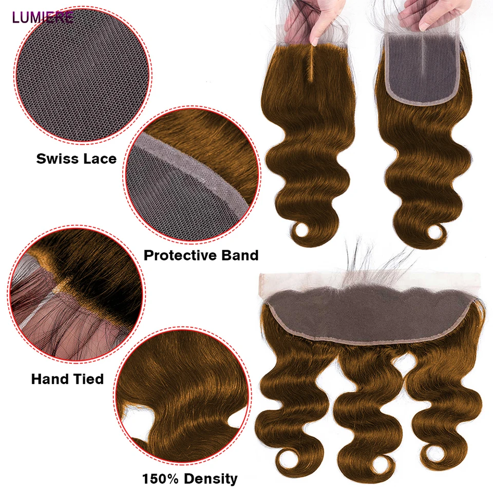 Chocolate Brown Body Wave Human Hair Bundles With 13x4 Frontal HD  Raw Indian Hair 4x4 Lace Closure And Bundle Deal Human Hair Extensions Highlight Ombre Honey Brown Colored Human Hair Bundles With 13x4 Frontal Raw Human Hair Lace Closure And Bundle Deal