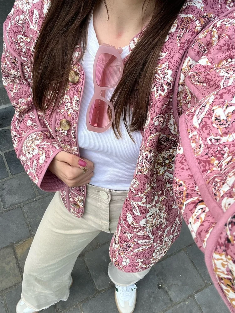 Chaquetas elegantes de algodón con estampado Floral para mujer, abrigos casuales de un solo pecho con cuello alto, prendas de vestir acolchadas para