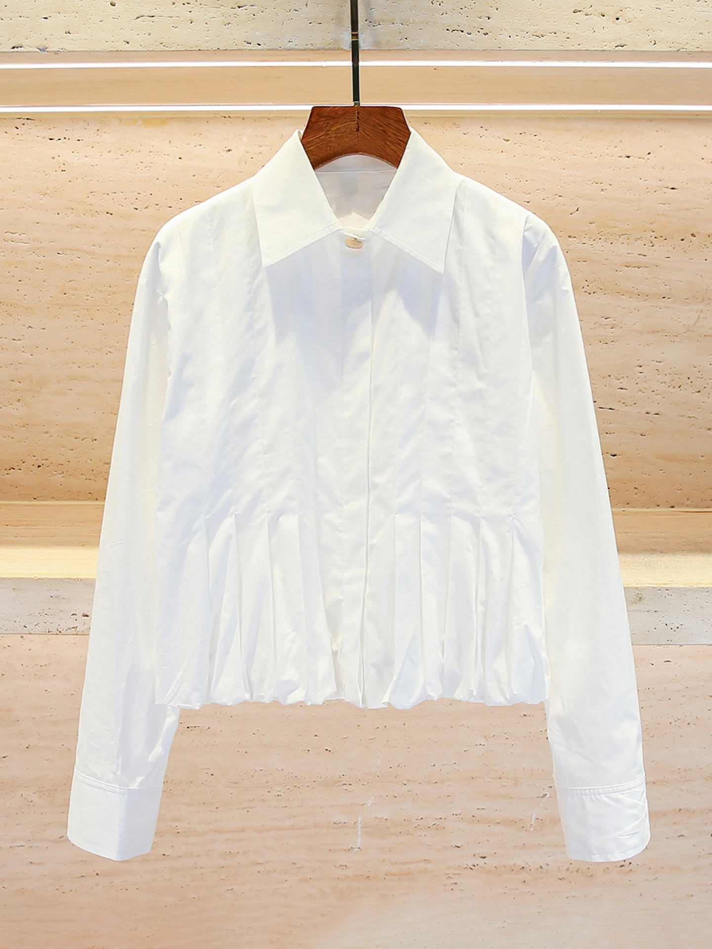 

Ele ort Folded Hem irt Collar Women's Top High Waist Commute Sle Long Sve Button Closure Pure Color Chinese Made