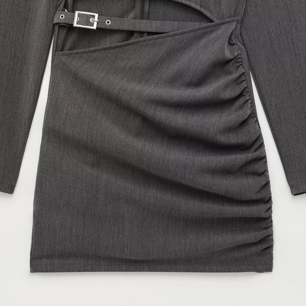 2025 BM MD ZA Women's Long - sleeve Grey Bodycon Dress with Cut - out and Belt Detail Ruched Design for a Stylish Look