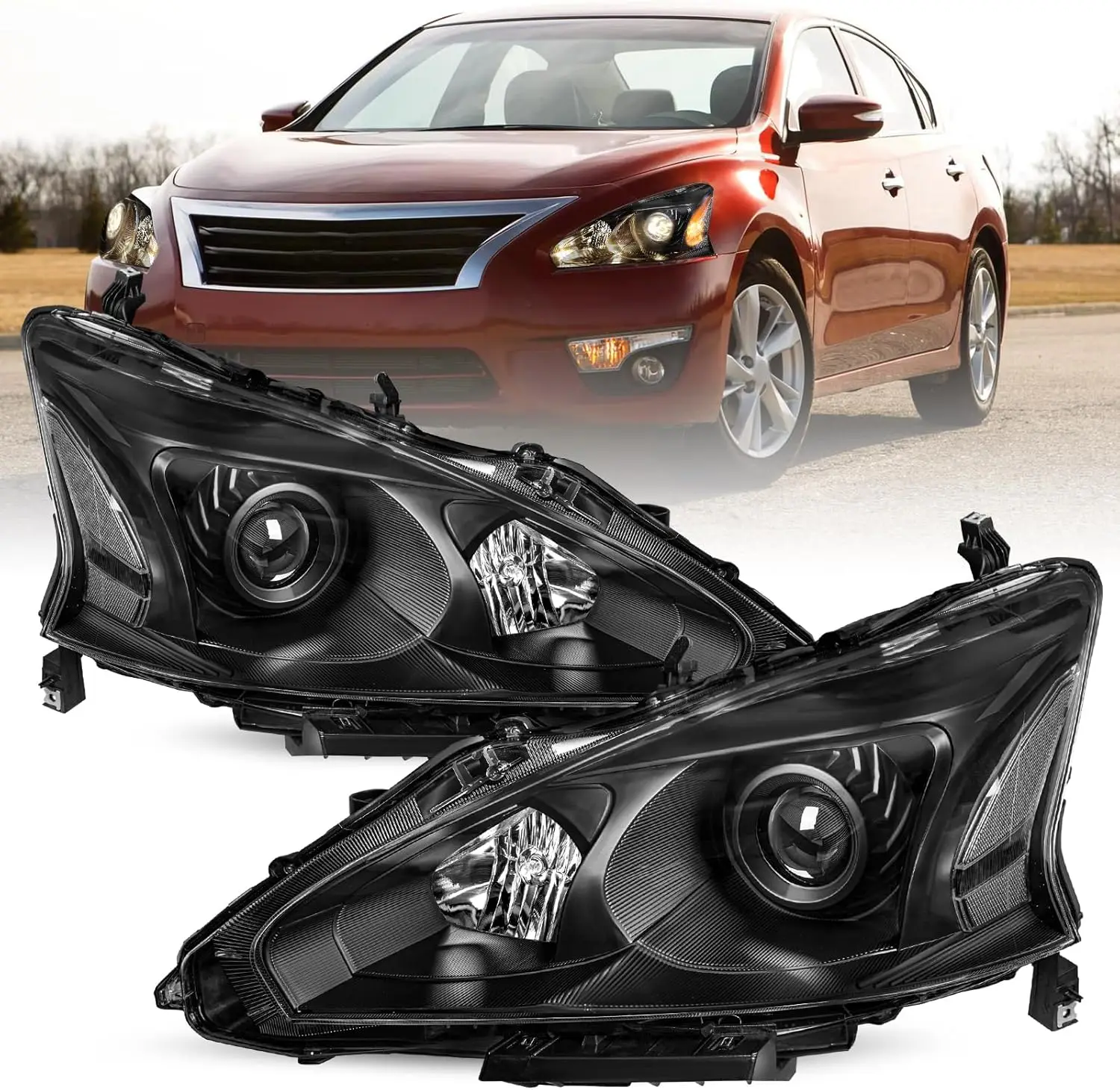 Headlight Assembly Set Fit for 2013 2014 2015 Nissan Altima 4-Door Sedan Halogen Headlamp Driver and Passenger Side Black Housin