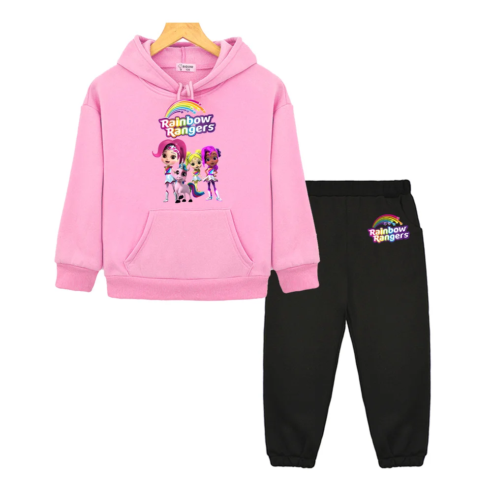 Rainbow Rangers Cartoon Hoodie Set for Boys/Girls Autumn Windproof Anti Bacterial Sweatshirt Sweet Girls Pullovers and Pants Set