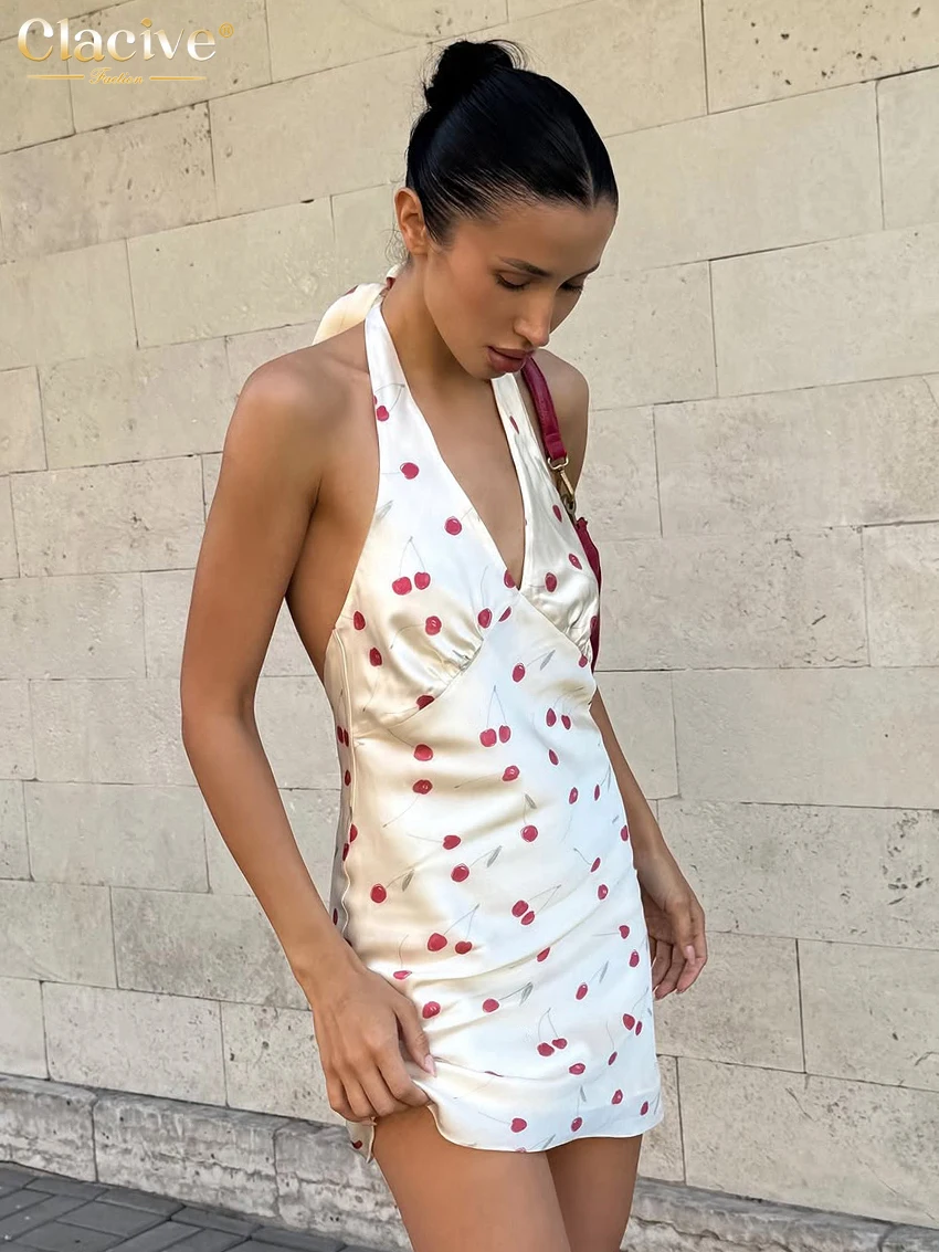 

Clacive Sexy Slim Print Women's Dress Summer Halter Sleeveless Mini Dresses Elegant Classic Backless Female Dress Streetwear
