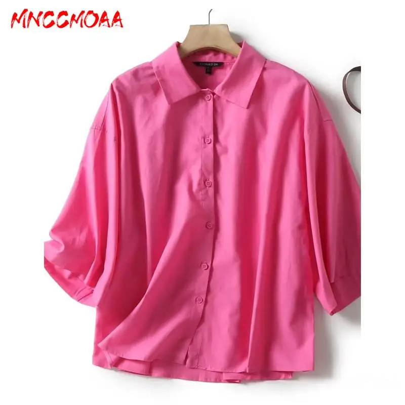 

MNCCMOAA-Women's Loose Single-Breasted Shirt, Monochromatic, Casual, Simple Blouse, Ladies Tops, Summer Fashion, 2024