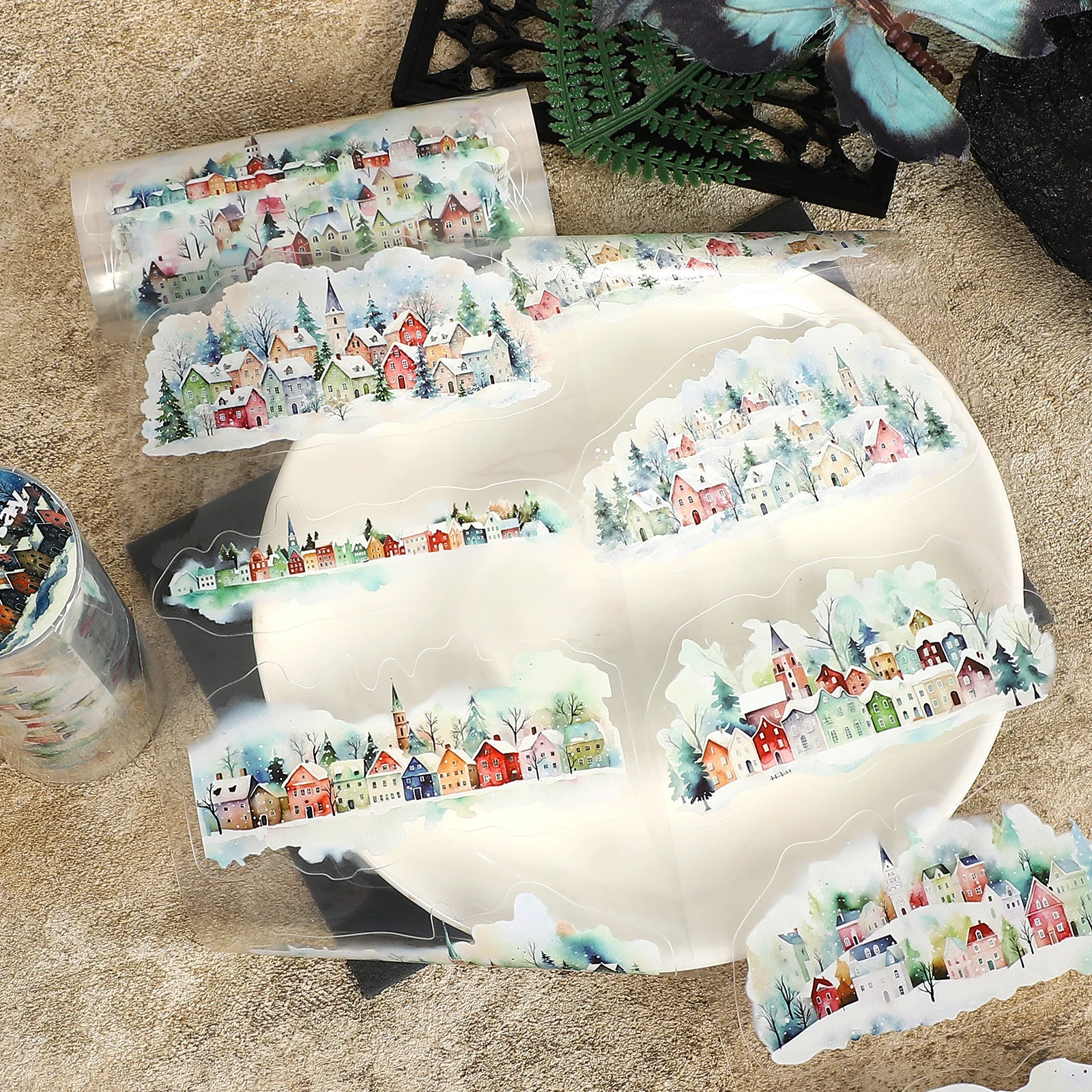 fita-pet-de-10cm-200cm-com-paisagem-de-aldeia-nevada-de-inverno-vintage-material-criativo-para-diario-colagem-scrapbooking-e-papelaria