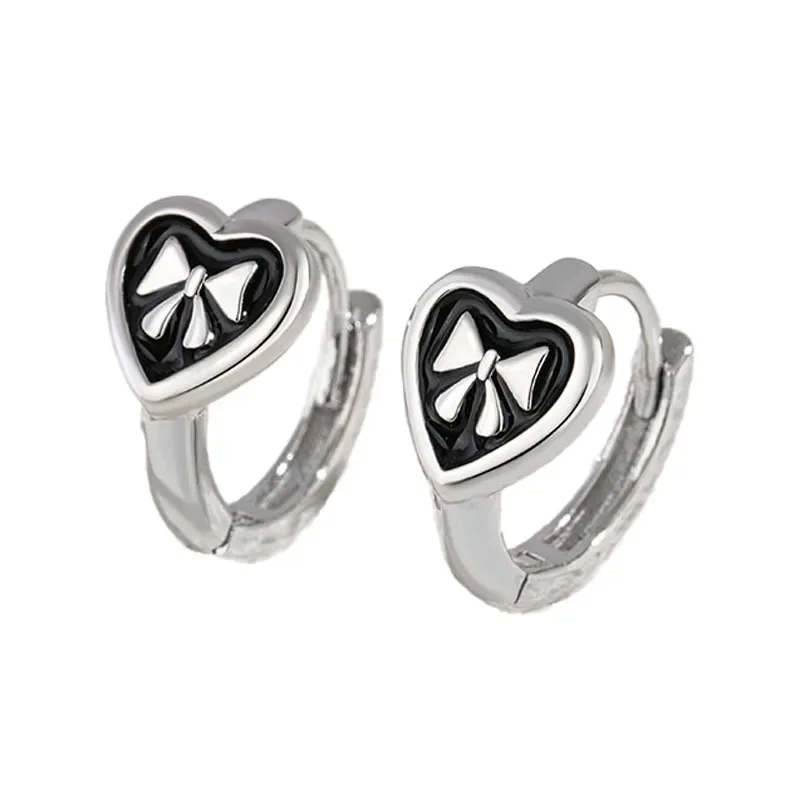 

S925 Sterling Silver Black Love Heart Bow Earrings Women's Personality Fashion Stud Earrings