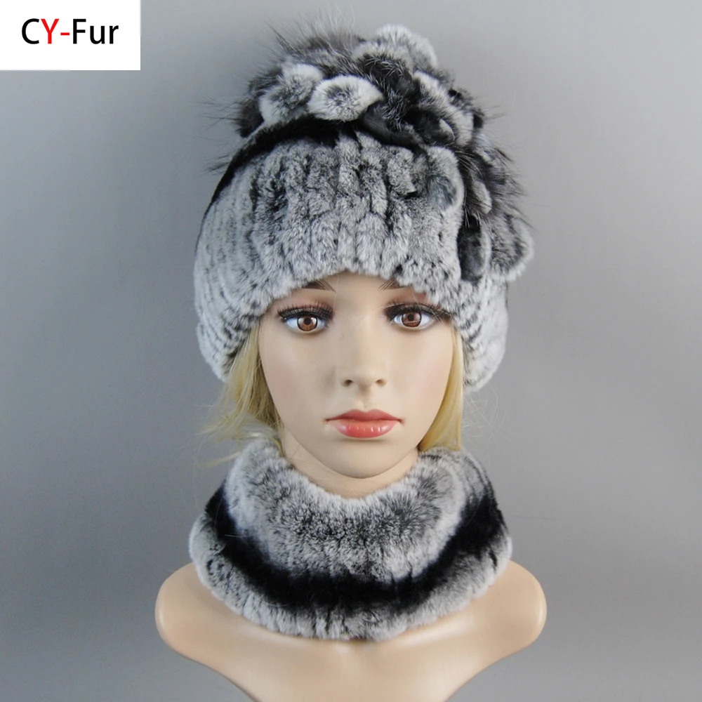 Hot Sale Women Warm Rex Rabbit Fur Hat Scarf Sets Winter Lady Knit Fur Hats Muffler 2 Pieces Natural Rex Rabbit Fur Cap Scarves