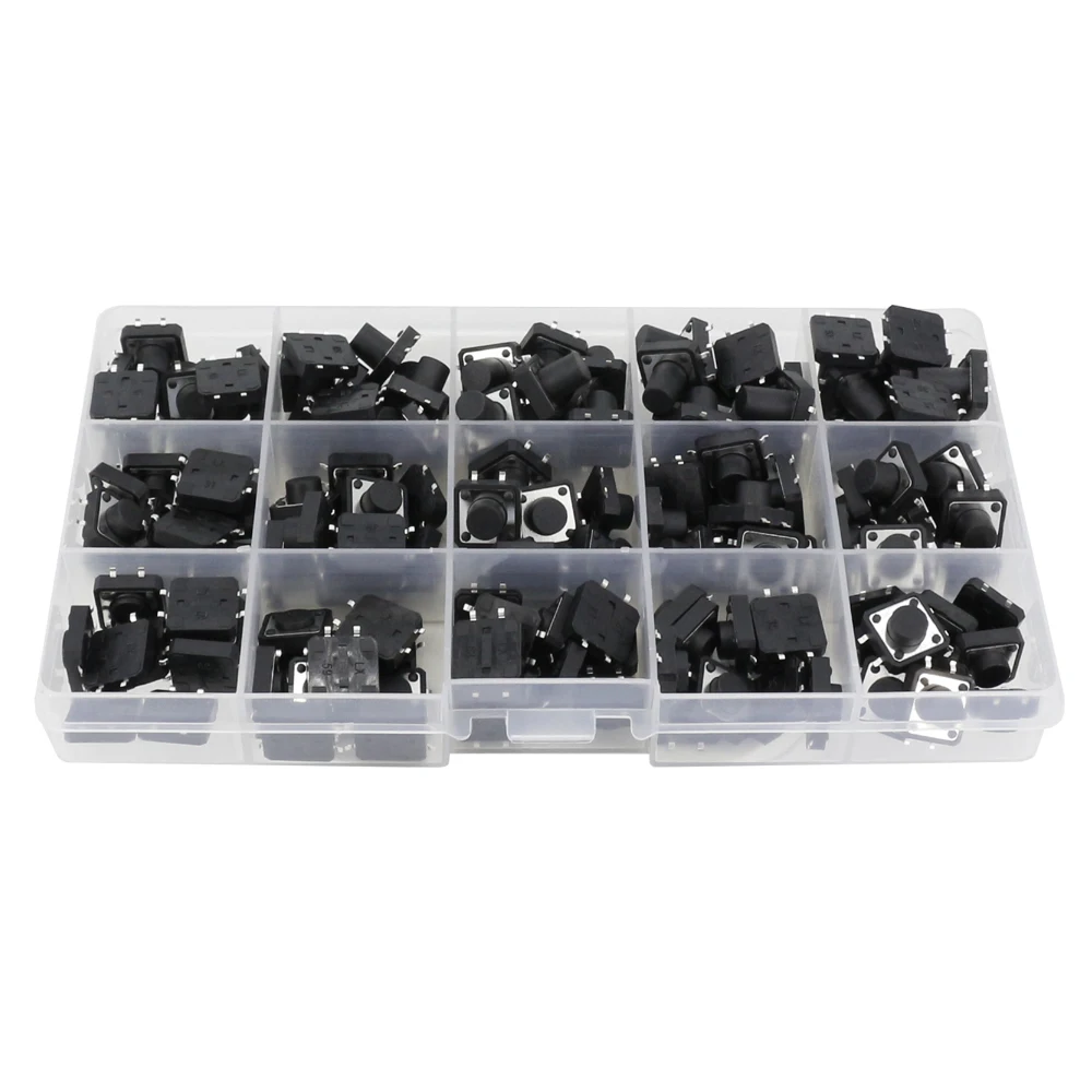 150 PCS 15 Models 12*12 Tact Switch Tactile Push Button Switch Kit Height: 4.3 5~13MM DIP 4P Micro Switch 12x12 Key Switch