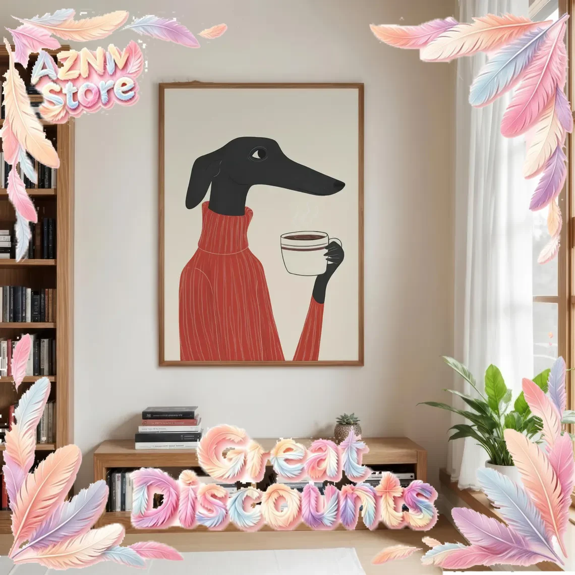 Impresión artística de perro negro estilo retro-chic - Elegante canino con suéter rojo de cuello alto sosteniendo una taza de café |   Minimalista Moderno