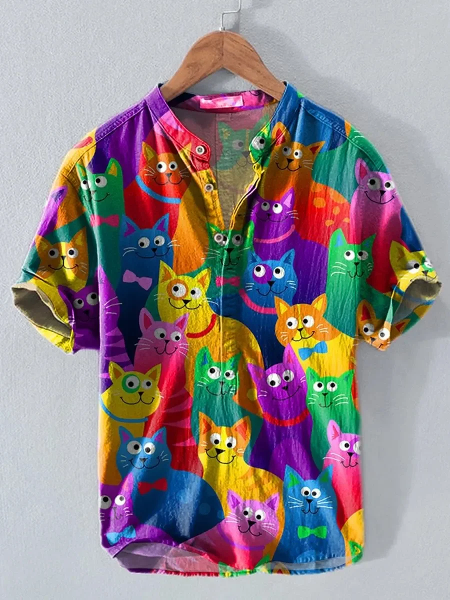 New Retro Tropical Floral 3D Printed Men's Short Sleeved Henley Shirt with Artistic Vacation Style Shirt Clothing