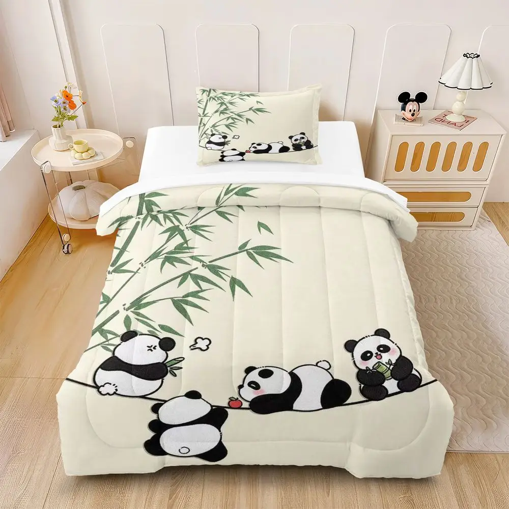 Cute Panda Bamboo Print Comforter Set Quilt Bedding Set Pillowcase Adult Cozy Guest Room Soft Complete Bedding Kit