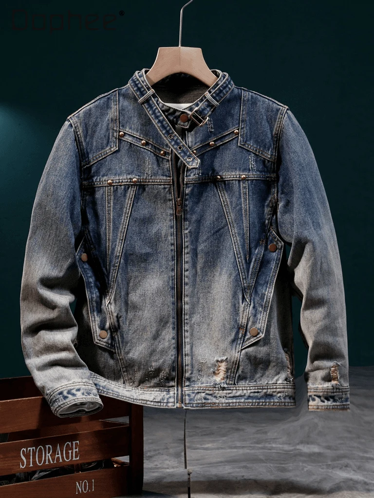 

Весенне-осенняя новая американская ретро-молния с воротником-стойкой и бисером, синяя куртка, мужская черная свободная повседневная джинсовая куртка с отложным воротником