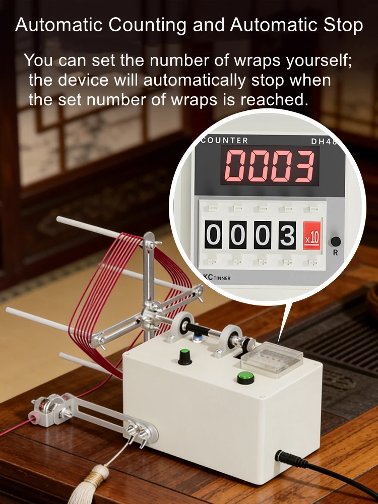 

Electric winding machine for automatic tassel winding with adjustable number of loops, automatic stop, and variable speed
