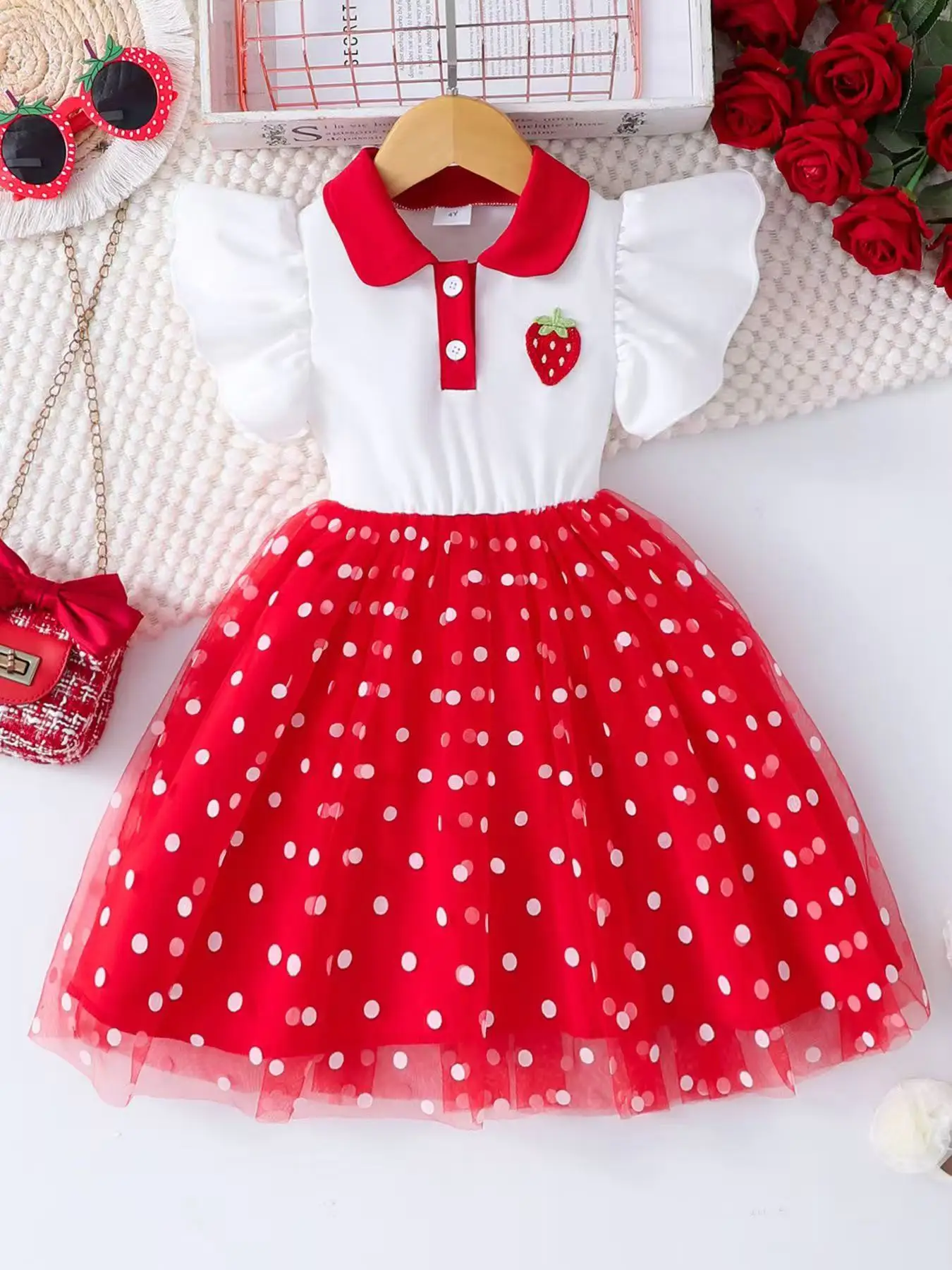 

2026 New Girls Strawberry Embellished Lapel Collar Dress Polka Dot Mesh Patchwork Princess Dress For Little Girls for 4-7Y