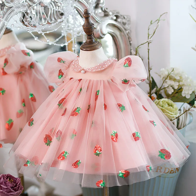 Girls princess baby birthday strawberry sequin mesh dress children's vestido de fiesta dress