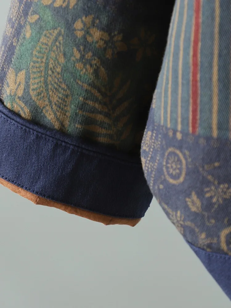 Chaqueta de aodón ueso para mujer, abrigo de invierno cálido de franela con estampado, abotonado, cuello alto, estilo étn...
