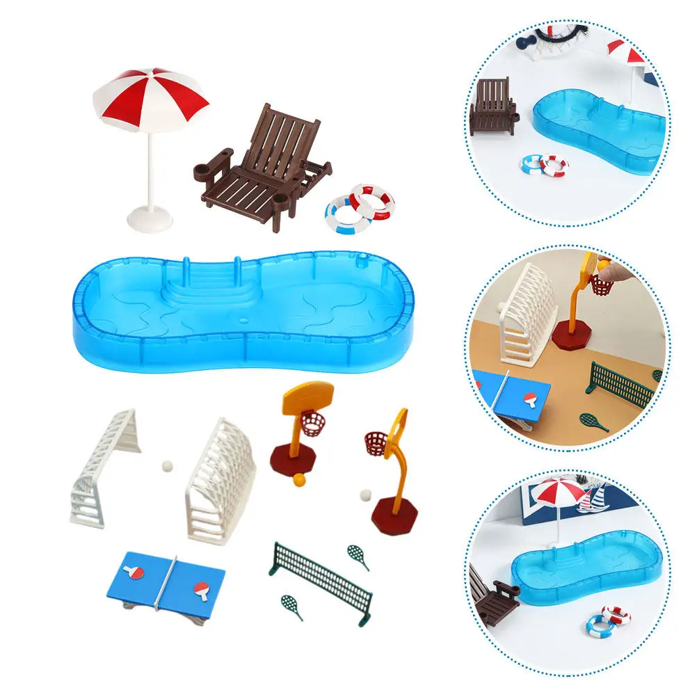 

2Set Dollhouse Swimming Pool Set Miniature Beach Furniture Tropical Summer Party Accessories Pool Ring Beach Chair Umbrella