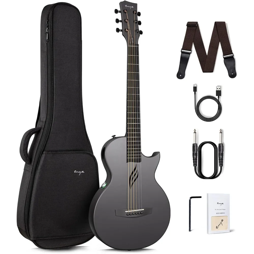 Carbon Fiber Acoustic Electric Guitar with Smart 35 Inch Travel Acustica Guitarra Starter Bundle Kit of Gig Bag, Strap, Strings