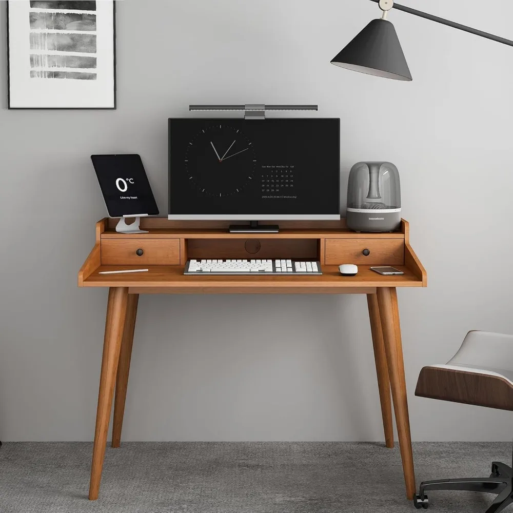 Mesa De Madeira Com Monitor Stand Riser, Cubby De Armazenamento Aberto, Mid Century, Moderno, Escrita, Computador ou Laptop, Casa, Escritório