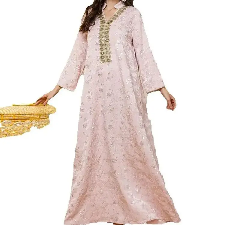 

Розовое мусульманское женское длинное платье с блестками Джалабия Рамадан Абая Дубай Кафтан Ид Джеллаба Ислам Одежда Kebaya Кафтан Марокаин Femme