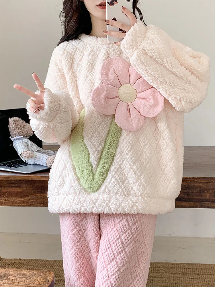 Winter Women\'s Plush Thick Sweet Pink Home Pajamas Sets Flannel Warm Casual Simple Long-Sleeved Pullover Sleepwear For Sleeping