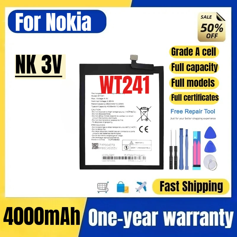 

WT241 for Nokia NK 3V Mobile Phone Battery High Quality High Capacity Battery Replacement Bateria Grade A Cell with Tools