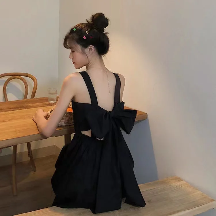 Black Tie Bow Back Ruffle Trim Dress Women Summer 2022 Backless Street Style Suspender Sweet Skirt A Line Solid Long Dresses