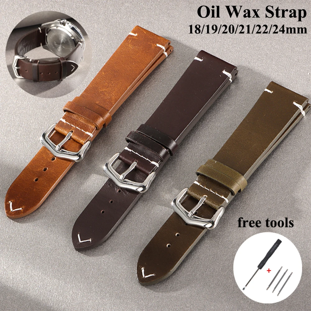 18/19/20/21/22/24mm Handmade Watch Band Vintage Oil Wax Cowhide Watch Strap Blue Red Green Quick Release Bracelet for Men Women