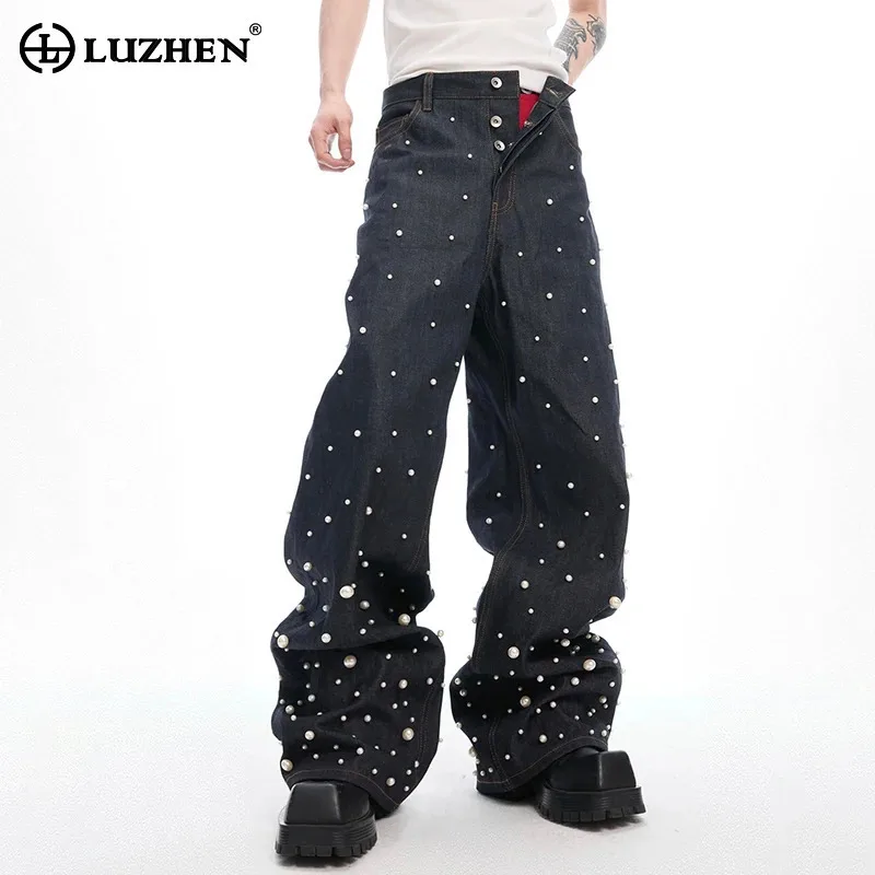 LUZHEN Original Luxury Pearl Patchwork Design Loose Straight Jeans Men's Stylish 2025 New Streetwear Wide Leg Denim Pants LZ9898