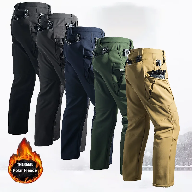 Outdoor Hiking Pants Men Tactical Cargo Trousers Multi-Pocket Waterproof Fleece Pants Autumn Winter Hiking Softshell Trousers