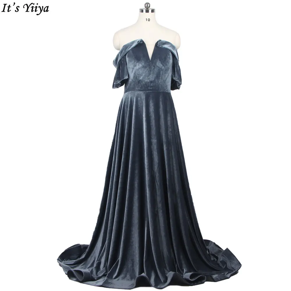 

It's Yiiya Evening Dress Haze Blue Velour Off the Shoulder A-line Pleat Floor-length Plus size Women Party Formal Gown B1903