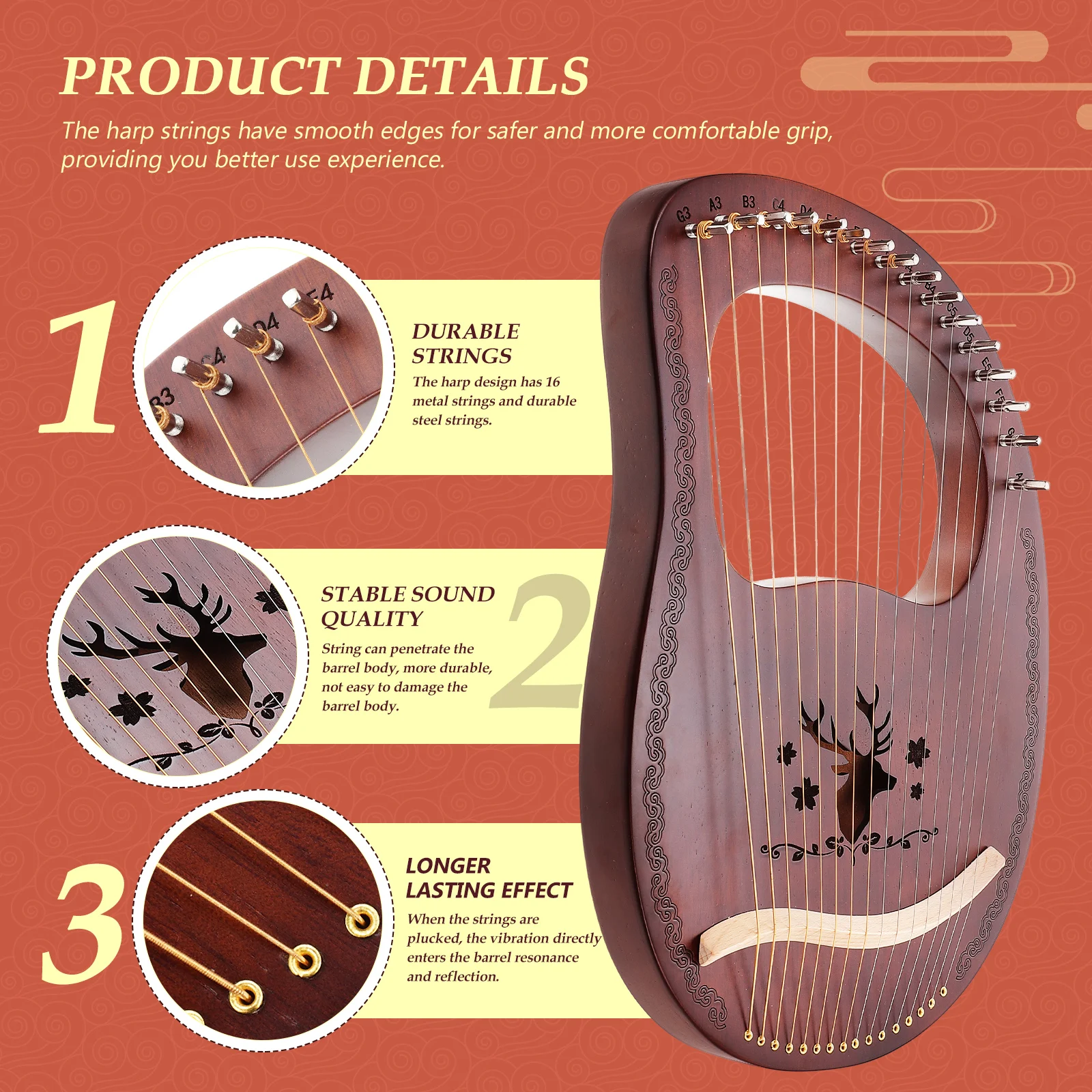 

Wooden Harp 16-Tone Handheld Ancient Style Smooth String Instrument Strings Stable Sound Musical Instrument Child Gift