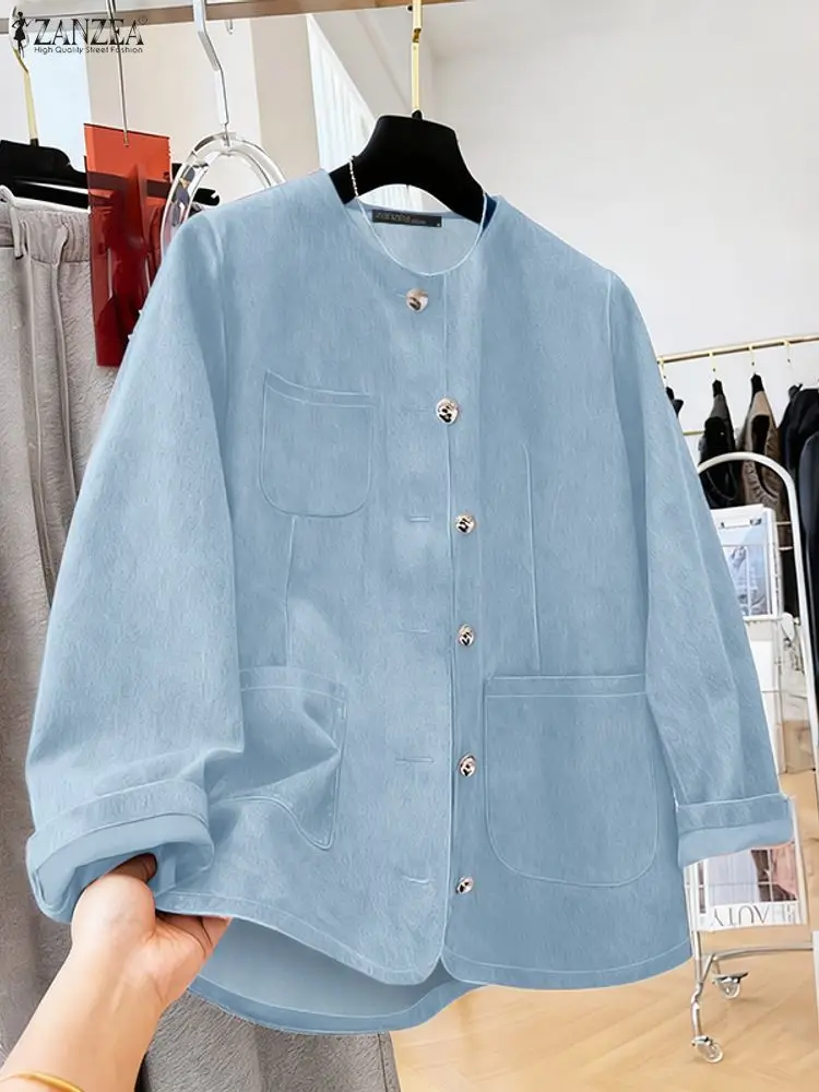 

ZANZEA, стильные джинсовые женские куртки, повседневные верхние рубашки на пуговицах с круглым вырезом и длинными рукавами, осень 2021, женская верхняя одежда, S-3XL