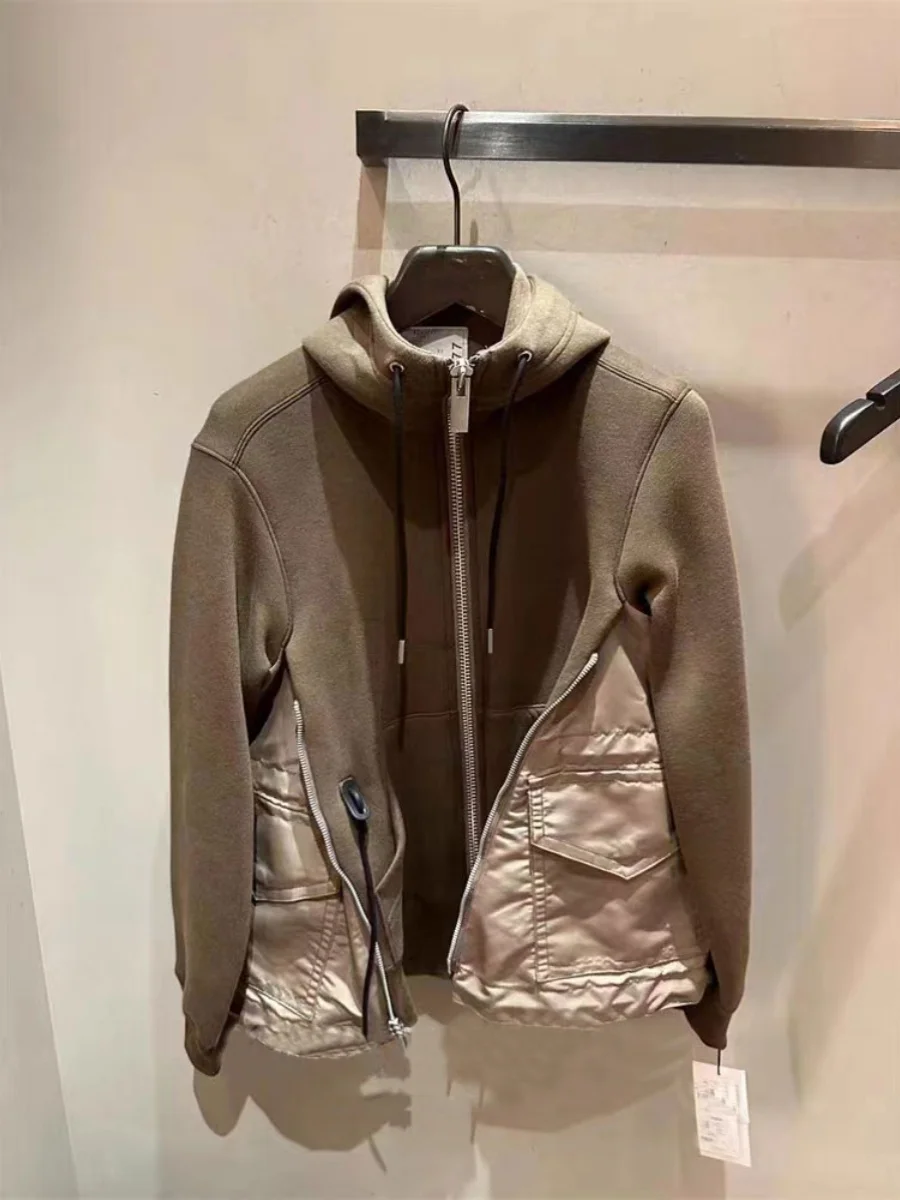 FOG SACAI 2024 Autumn Winter New Design Hooded Jaet Thin Fce Zipper ket Patchwork Sweatirt Women's Casual Wear