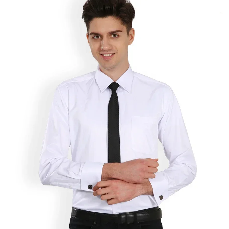

French Cuff Shirts Mens Long Sleeve Formal Business Dress Shirt Solid Twill Party Wedding Tuxedo Clothing with Cufflinks