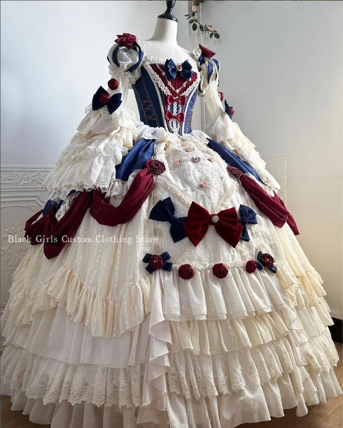 Vestido de baile de princesa, traje de quinceañera, Hada de las burbujas, manga larga, encaje, volantes, para eventos especiales, azul y blanco