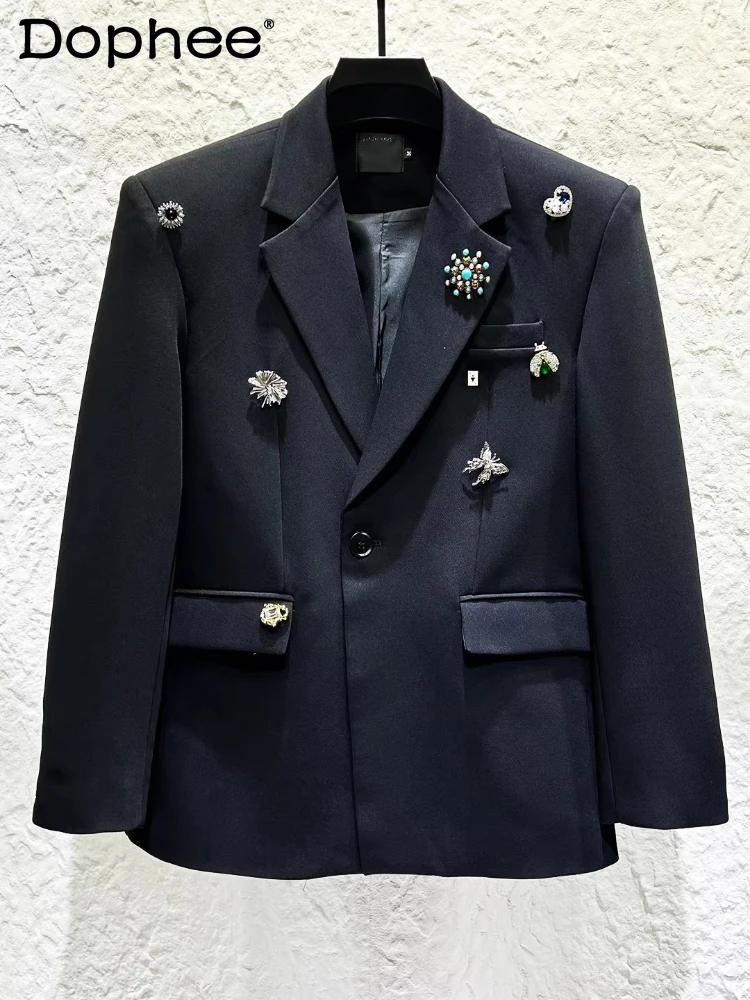 

2026 Spring New Fashion Metal Brooch Tailored Coats Men's High-End Light Luxury Slim Padded Shoulder Long Sleeve Suit Jackets