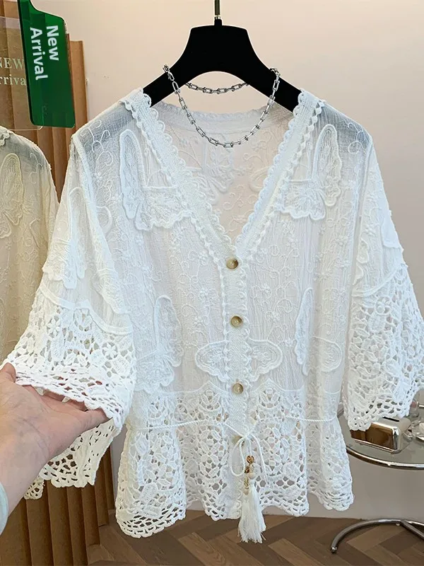 

Embroidered Lace Hollow out Stitch Loose Slimming V Neck mid Sleeve Shirt French Style Women's Casual Summer Top